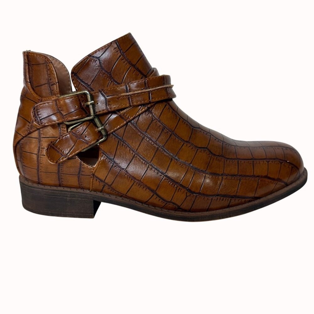 Mata Croc Embossed Ankle Boots Brown Size 8.5 Double Buckle Straps Western Style